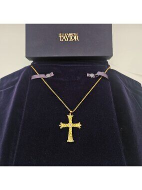 Elizabeth Taylor Gold Tone Multi Color Crystal Cross Pendant Necklace Boxed